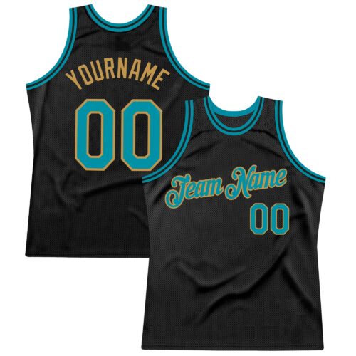 Black2597 Custom Black Teal-Old Gold Authentic Throwback Basketball Jersey