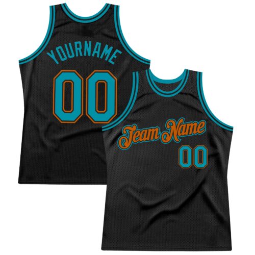 Black2600 Custom Black Teal-Texas Orange Authentic Throwback Basketball Jersey