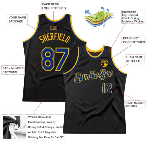 Custom Black Royal-Gold Authentic Throwback Basketball Jersey