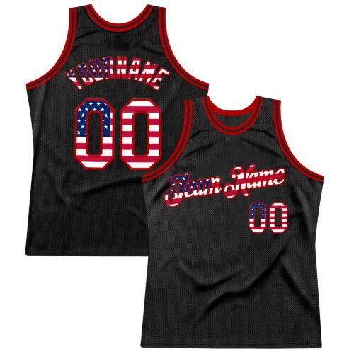Black2635 Custom Black USA Flag-Red Authentic Throwback Basketball Jersey