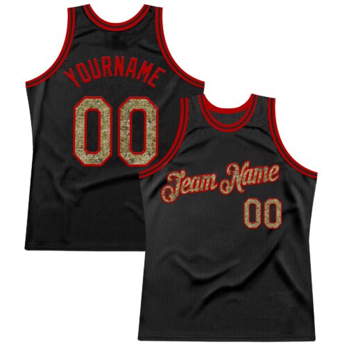 Black2637 Custom Black Camo-Red Authentic Throwback Basketball Jersey