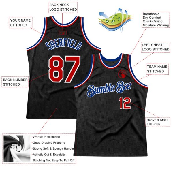 Custom Black Red-Royal Authentic Throwback Basketball Jersey