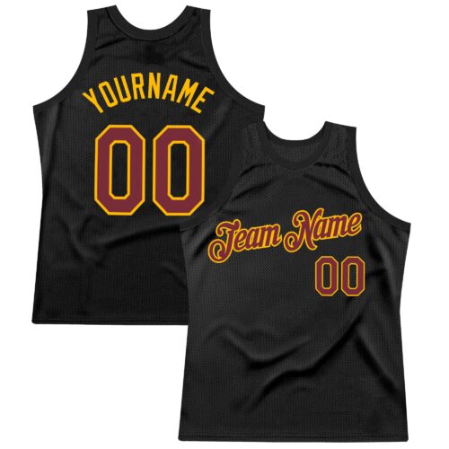Black2671 Custom Black Burgundy-Gold Authentic Throwback Basketball Jersey