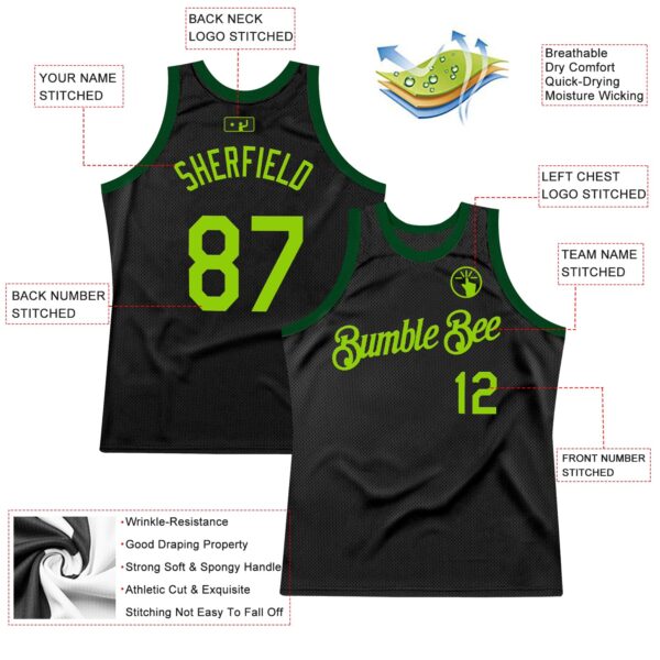 Custom Black Neon Green-Green Authentic Throwback Basketball Jersey