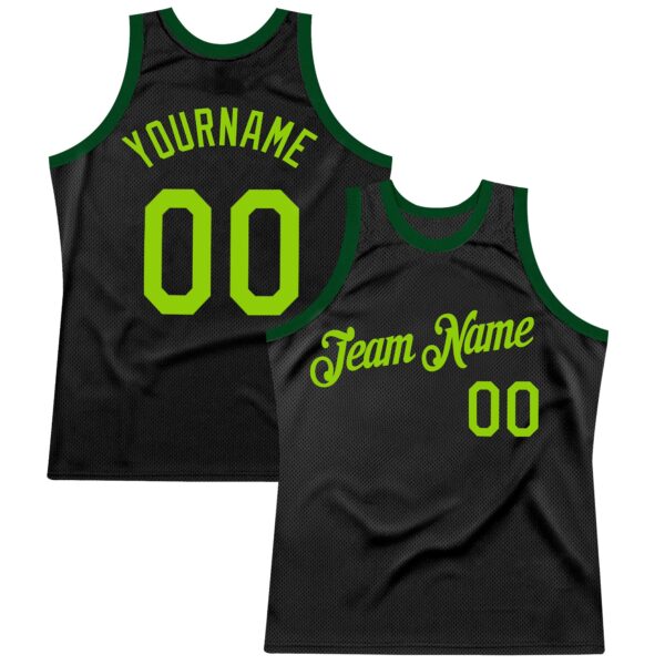 Custom Black Neon Green-Green Authentic Throwback Basketball Jersey