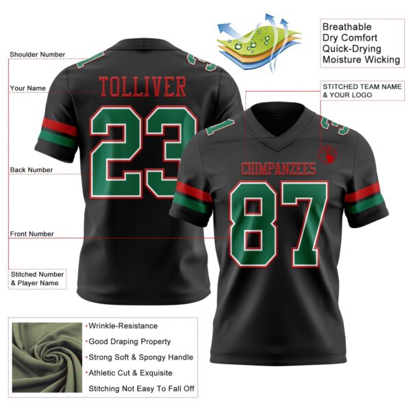 Custom Black Kelly Green White-Red Authentic Football Jersey