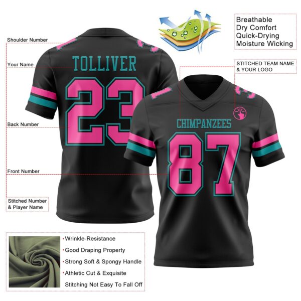 Custom Black Pink-Teal Authentic Football Jersey