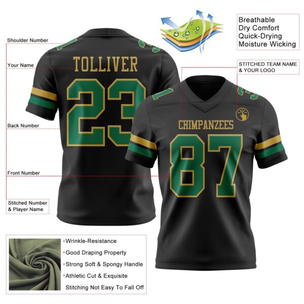 Custom Black Kelly Green-Old Gold Authentic Football Jersey