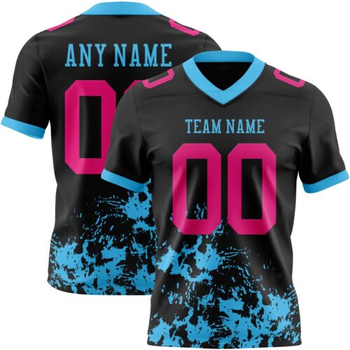 Custom Black Hot Pink-Sky Blue 3D Pattern Splash Authentic Football Jersey