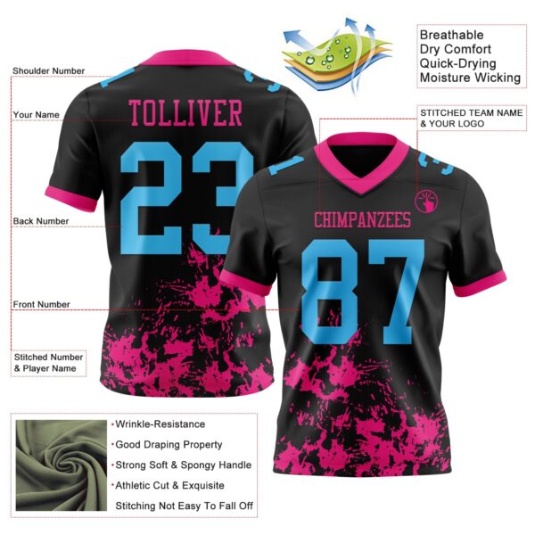 Custom Black Sky Blue-Hot Pink 3D Pattern Splash Authentic Football Jersey