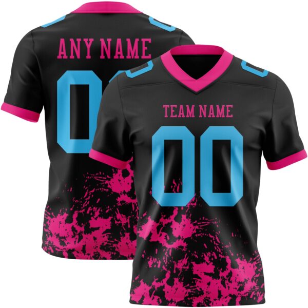 Custom Black Sky Blue-Hot Pink 3D Pattern Splash Authentic Football Jersey