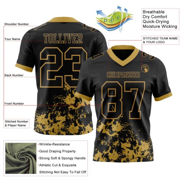 Custom Black Old Gold 3D Pattern Splash Authentic Football Jersey