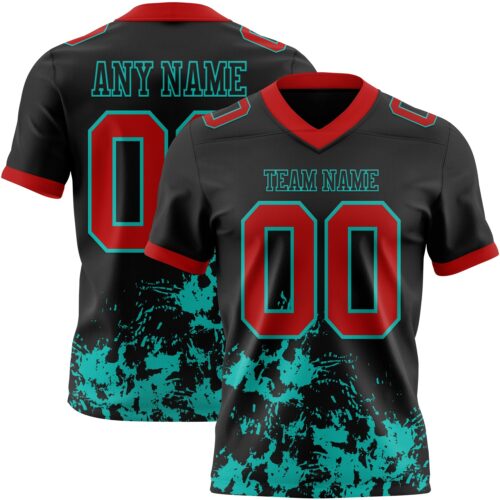 Custom Black Red-Aqua 3D Pattern Splash Authentic Football Jersey