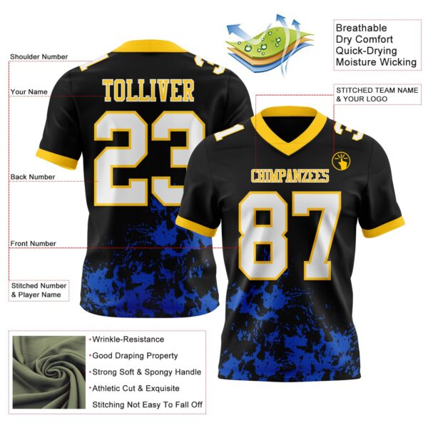 Custom Black White Thunder Blue-Yellow 3D Pattern Splash Authentic Football Jersey