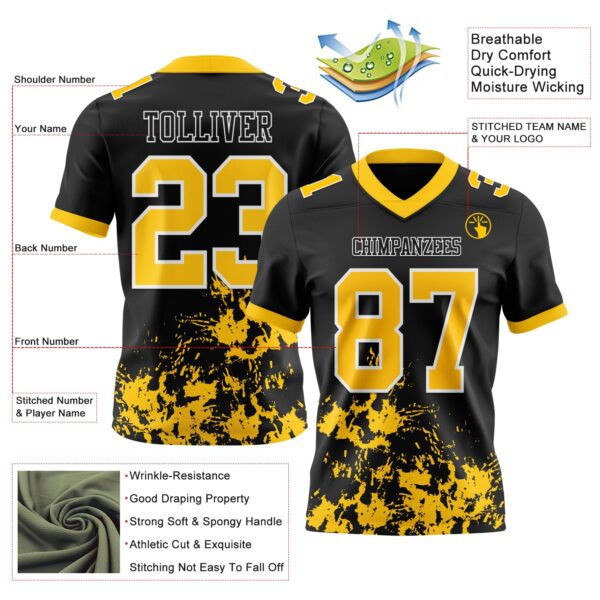 Custom Black Yellow-White 3D Pattern Splash Authentic Football Jersey