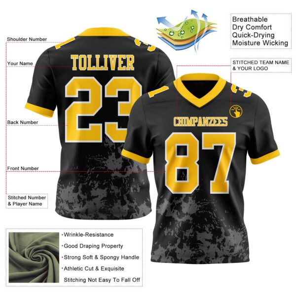 Custom Black Yellow Steel Gray-White 3D Pattern Splash Authentic Football Jersey