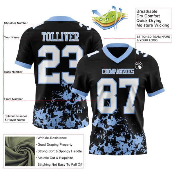 Custom Black White-Light Blue 3D Pattern Splash Authentic Football Jersey