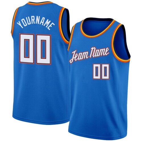 Custom Blue White-Orange Round Neck Rib-Knit Basketball Jersey