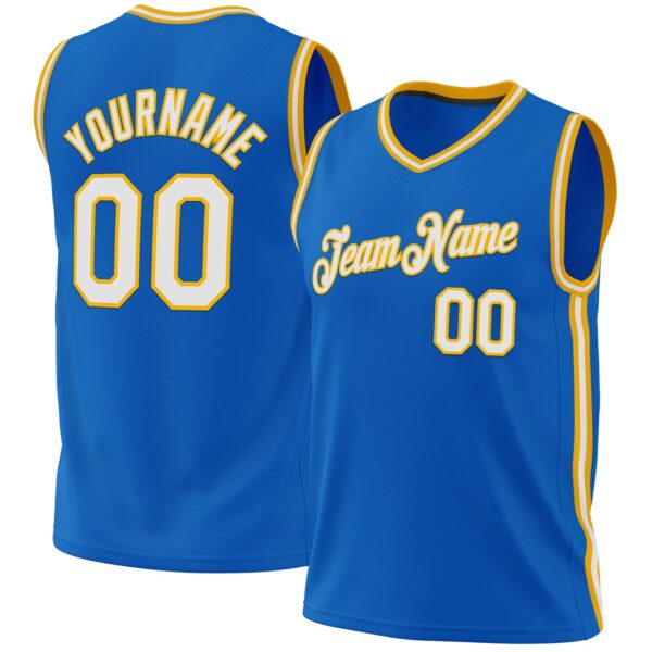 Custom Blue White-Gold Authentic Throwback Basketball Jersey