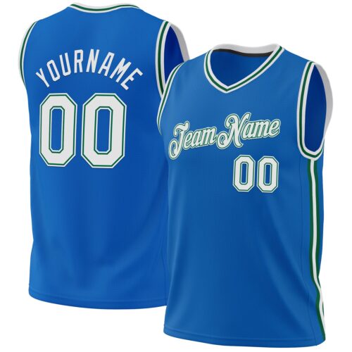 Blue0194 Custom Blue White-Kelly Green Authentic Throwback Basketball Jersey