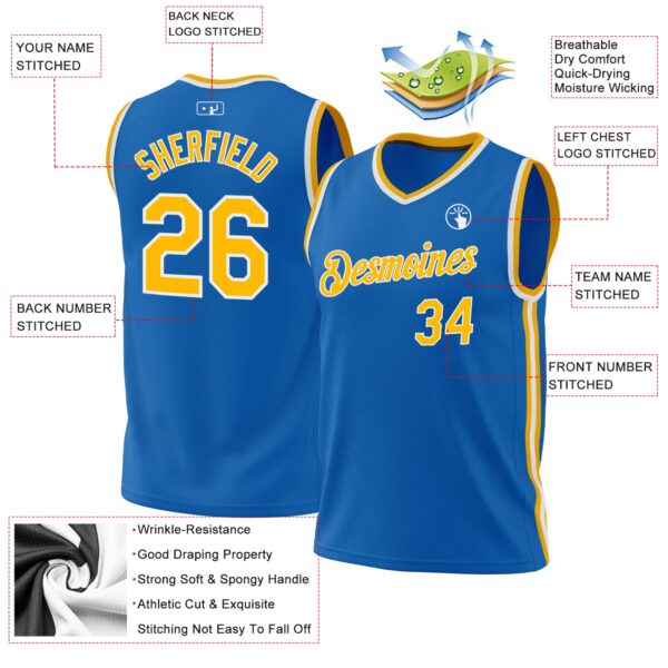 Custom Blue Gold-White Authentic Throwback Basketball Jersey