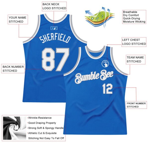 Custom Blue White-Gray Authentic Throwback Basketball Jersey