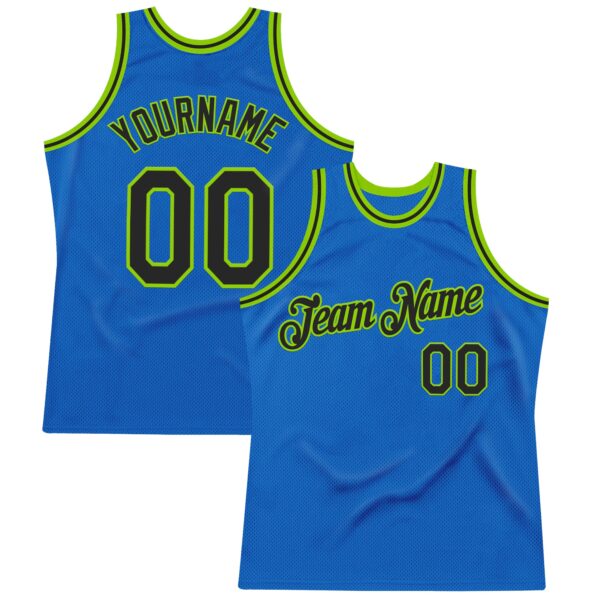 Custom Blue Black-Neon Green Authentic Throwback Basketball Jersey