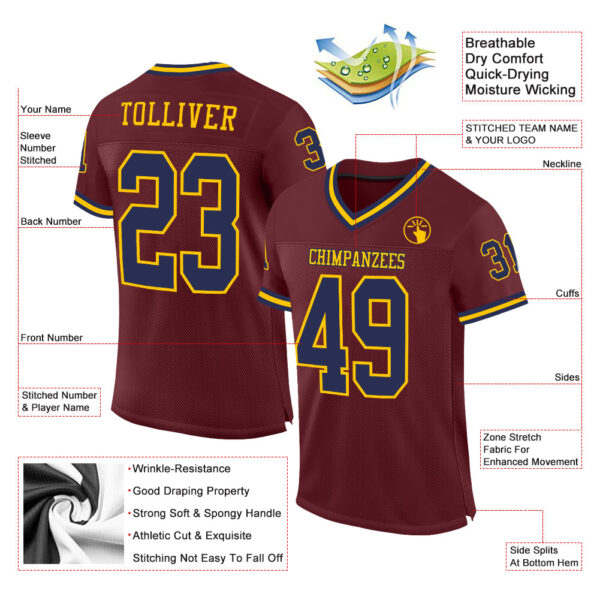 Burgundy0050-1 Custom Burgundy Navy-Gold Mesh Authentic Throwback Football Jersey