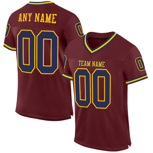 Burgundy0050 Custom Burgundy Navy-Gold Mesh Authentic Throwback Football Jersey