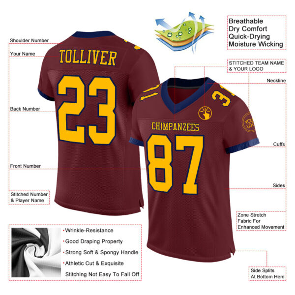 Burgundy0092-1 Custom Burgundy Gold-Navy Mesh Authentic Football Jersey