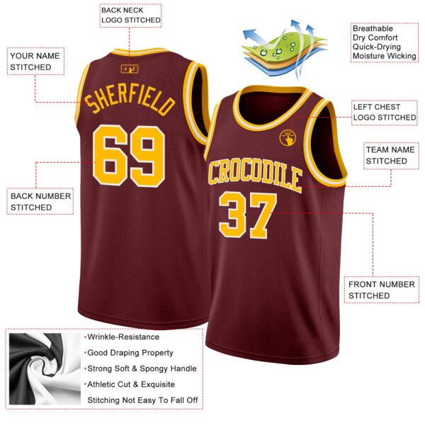 Custom Burgundy Gold-White Authentic Basketball Jersey