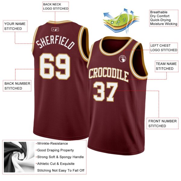 Custom Burgundy White-Old Gold Authentic Basketball Jersey