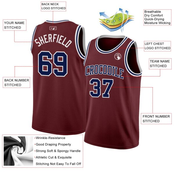 Custom Burgundy Navy-White Authentic Basketball Jersey