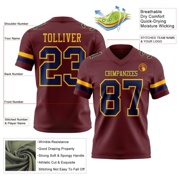 Custom Burgundy Navy-Gold Authentic Football Jersey