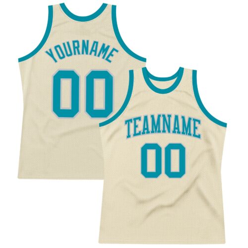 Cream0375 Custom Cream Teal-Gray Authentic Throwback Basketball Jersey