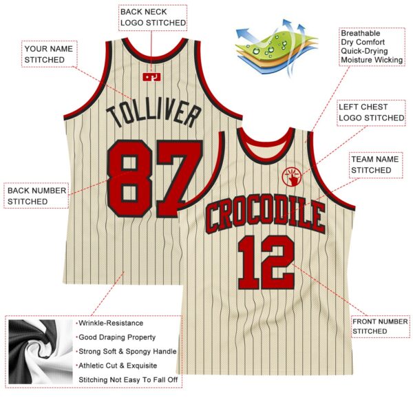 Custom Cream Black Pinstripe Red Authentic Basketball Jersey