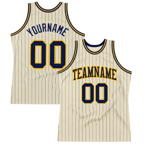Cream0431 Custom Cream Navy Pinstripe Navy-Gold Authentic Basketball Jersey