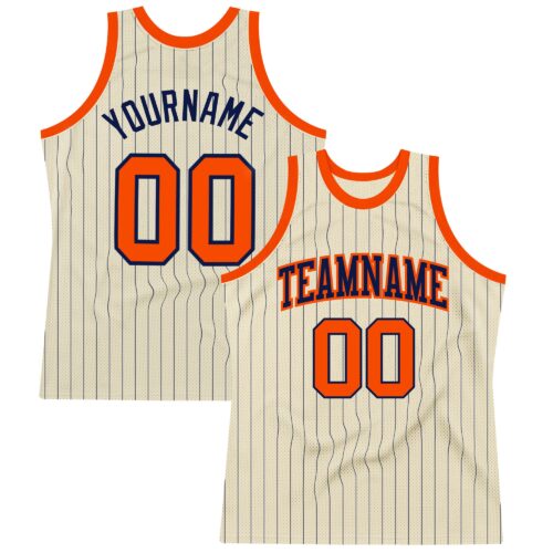 Cream0432 Custom Cream Navy Pinstripe Orange Authentic Basketball Jersey