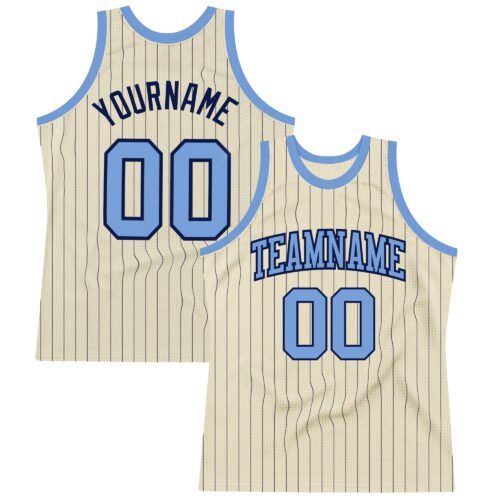 Cream0433 Custom Cream Navy Pinstripe Light Blue Authentic Basketball Jersey