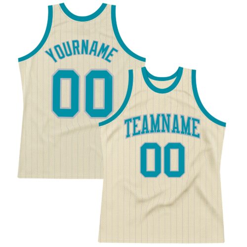 Cream0438 Custom Cream Gray Pinstripe Teal Authentic Basketball Jersey