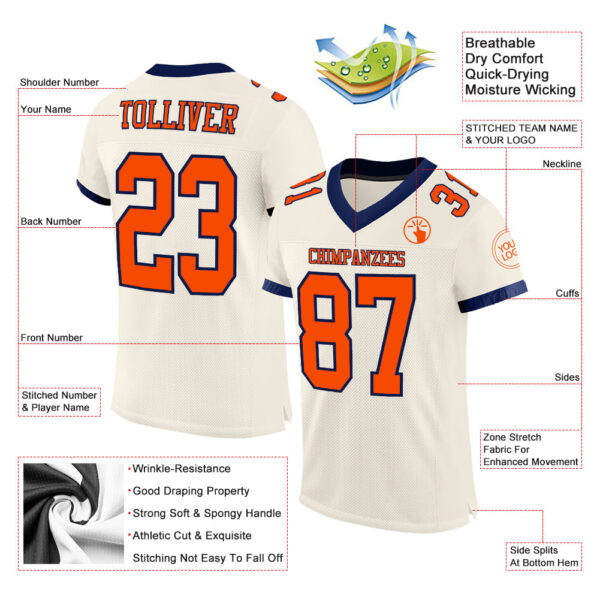 Cream0526-1 Custom Cream Orange-Navy Mesh Authentic Football Jersey
