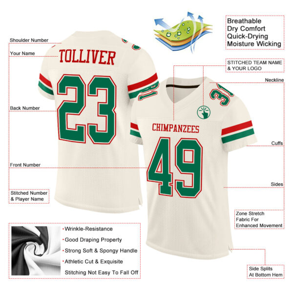 Cream0540-1 Custom Cream Kelly Green-Red Mesh Authentic Football Jersey
