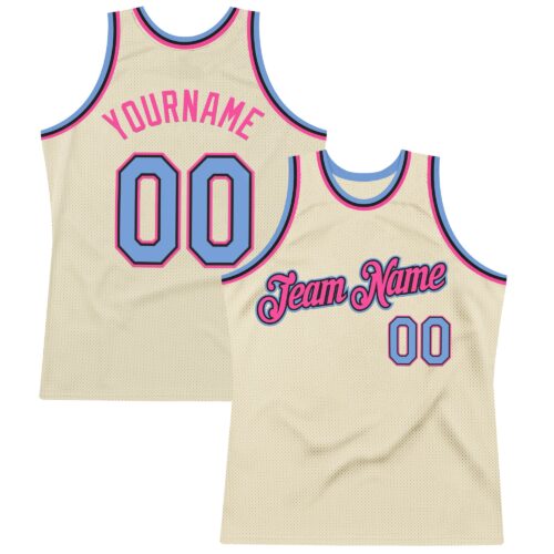 Custom Cream Light Blue Black-Pink Authentic Throwback Basketball Jersey