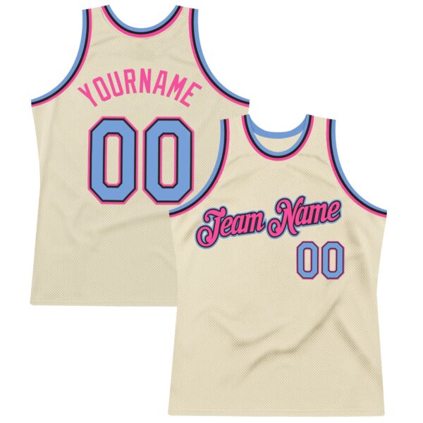 Custom Cream Light Blue Black-Pink Authentic Throwback Basketball Jersey