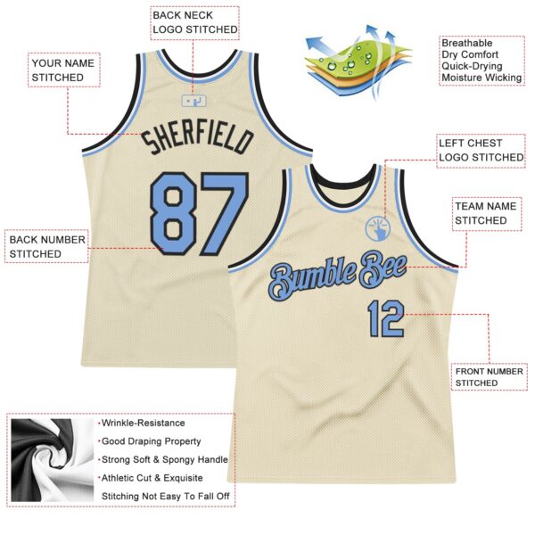 Custom Cream Light Blue Black-White Authentic Throwback Basketball Jersey