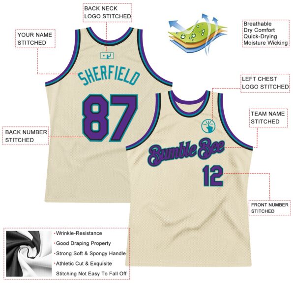 Custom Cream Purple Black-Teal Authentic Throwback Basketball Jersey