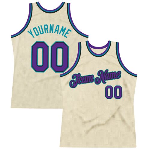 Custom Cream Purple Black-Teal Authentic Throwback Basketball Jersey