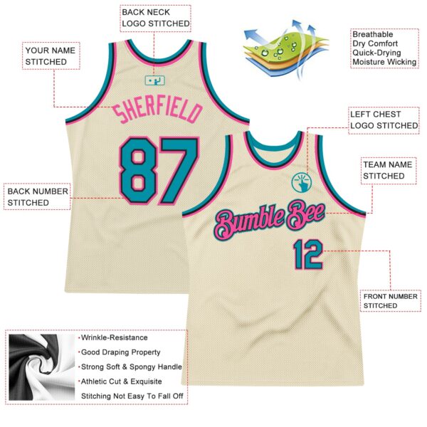 Custom Cream Teal Black-Pink Authentic Throwback Basketball Jersey