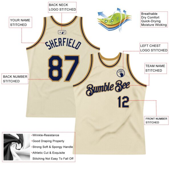Custom Cream Navy-Old Gold Authentic Throwback Basketball Jersey