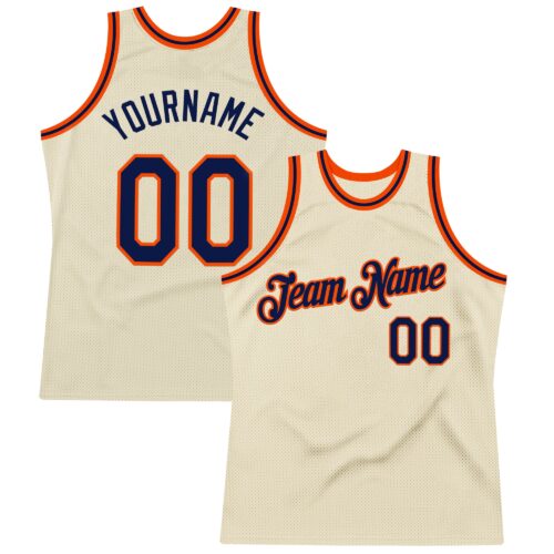 Custom Cream Navy-Orange Authentic Throwback Basketball Jersey